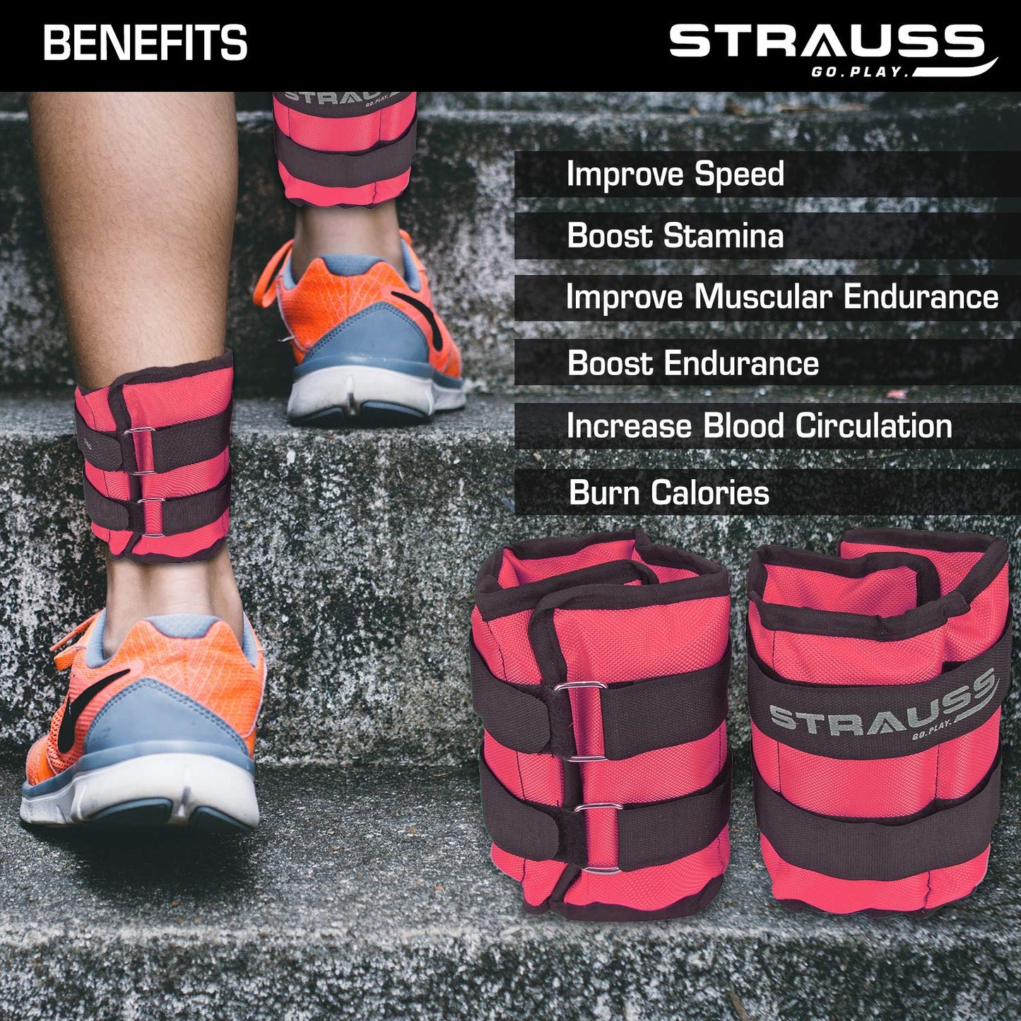 Strauss Adjustable Ankle/Wrist Weights 1.5KG x2 for Walking, Running, Jogging, Cycling, Gym, Strength Training. Easy to use. Pink.