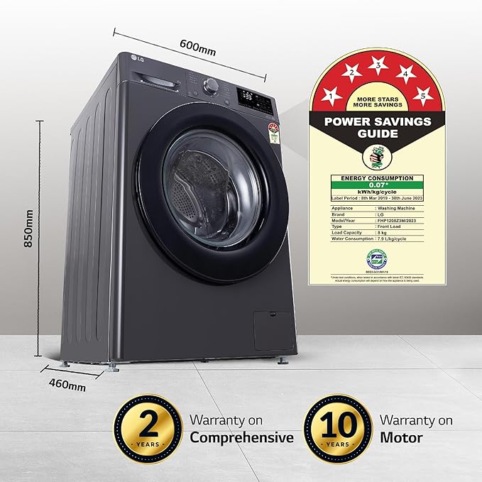 LG 8Kg 5 Star AI Direct Drive Front Load Washing Machine, Steam, 6 Motion DD, Allergy Care, Middle Black