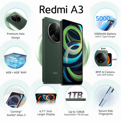 Redmi A3 Olive Green 4GB RAM 128GB Storage  Premium Halo Design  90Hz Display  Powerful 4G G36 Processor