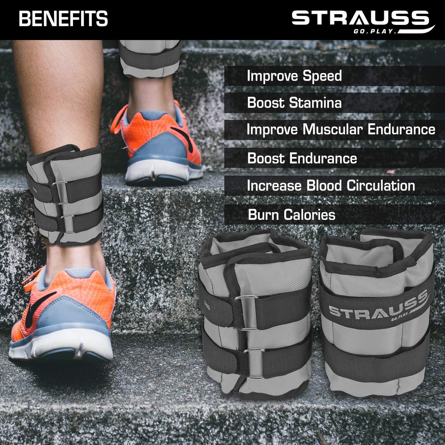 Strauss Adjustable Ankle/Wrist Weights 2KG x 2, ideal for walking, running, jogging, cycling, gym workout, strength training. Easy to use.