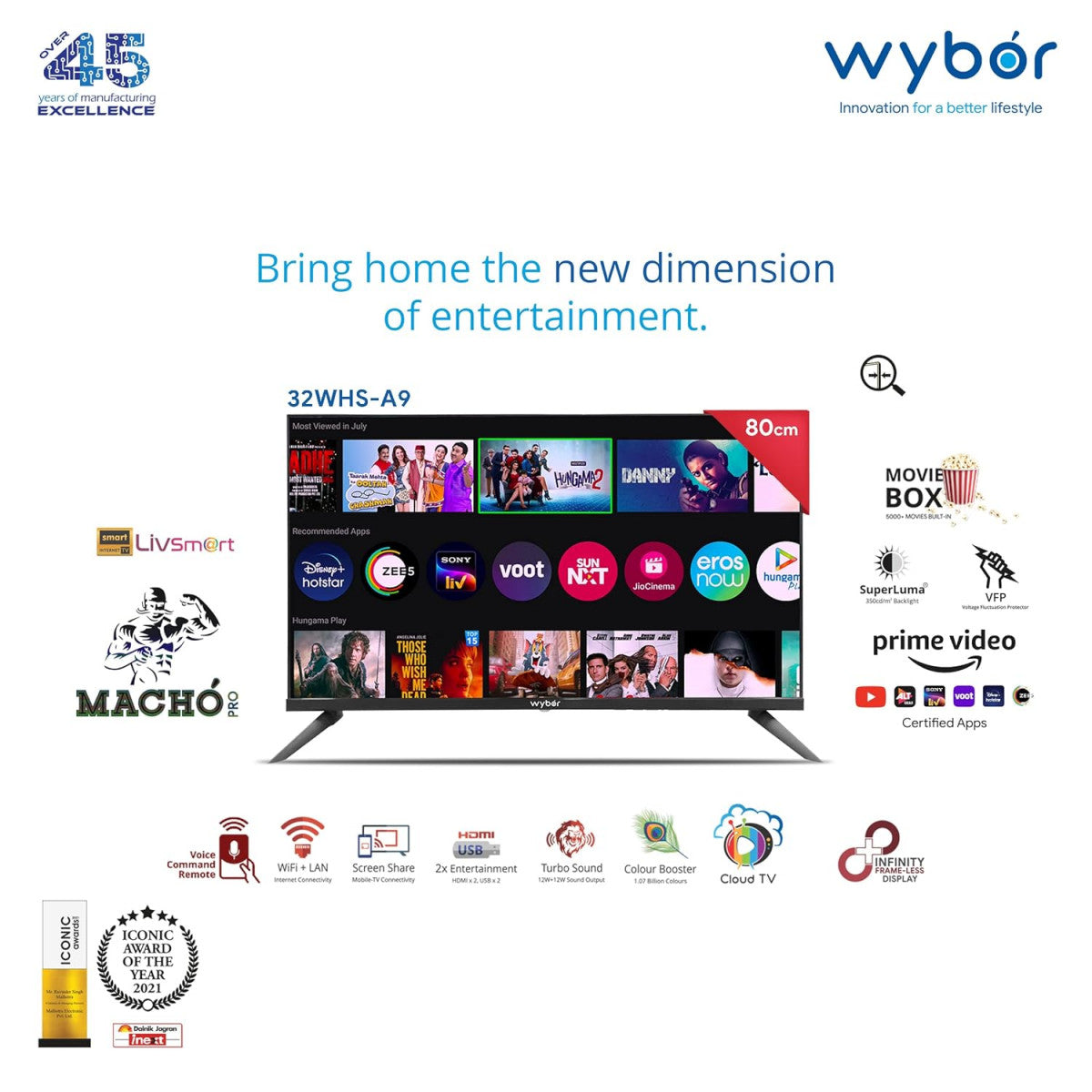 Wybor Macho PRO 80 cm 32 Inches HD Ready Smart LED TV Black 2021 Model  with Frameless Design