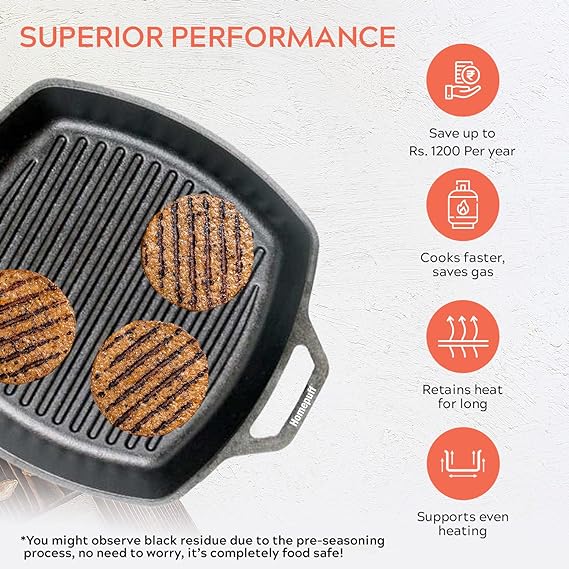 Homepuff Pre-Seasoned Non-Stick Cast Iron Grill Pan with Handle Non-Toxic Sandwich MakerBarbequeLoha Tandoor for Healthy Cooking