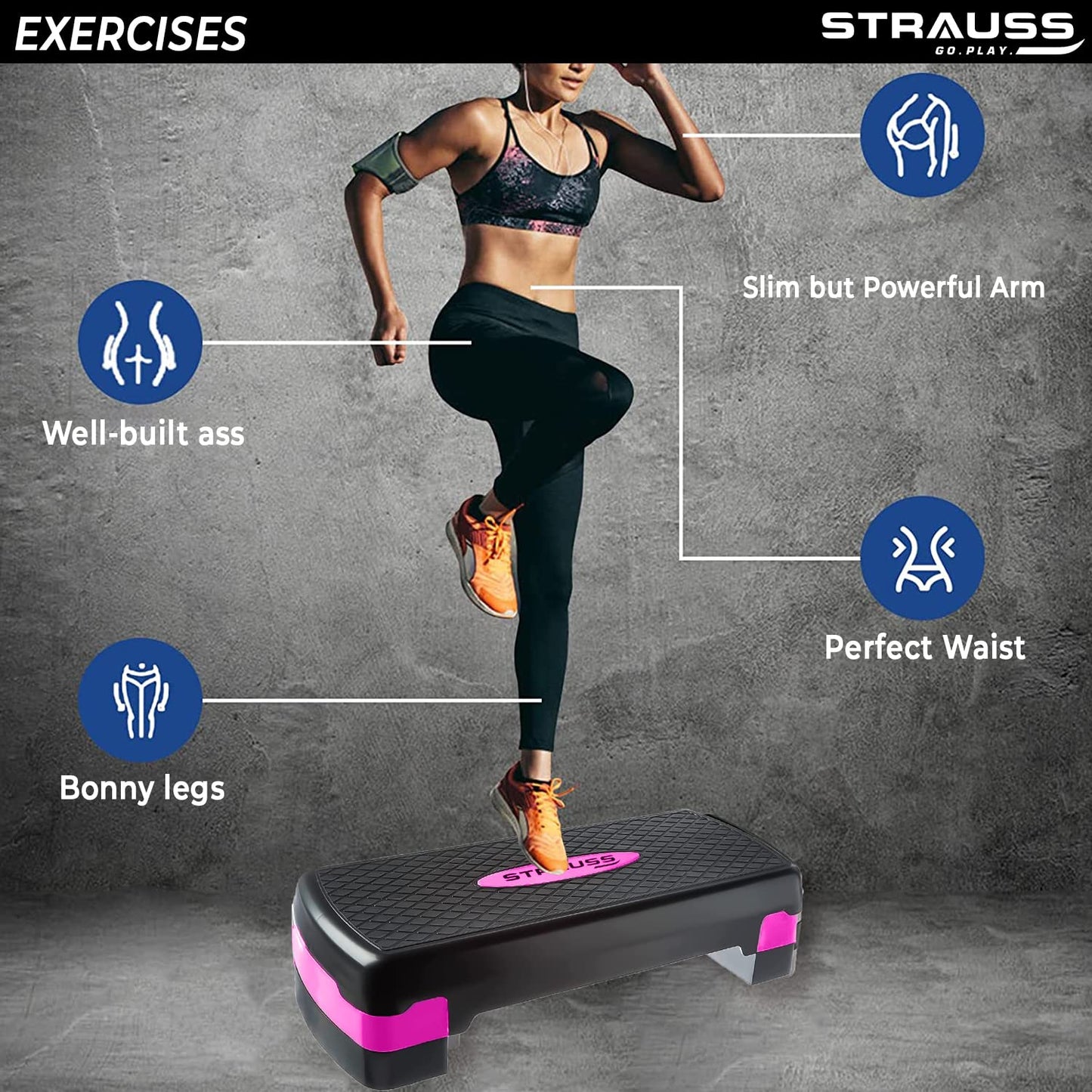 Strauss Aerobic Stepper: 4" & 6" height, slip-resistant, shock-absorbing, supports up to 200 KG, pink.