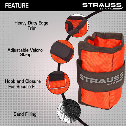 Strauss Adjustable Ankle/Wrist Weights 0.5 KG x 2, ideal for walking, running, jogging, cycling, gym, strength training. Easy to use. Orange.