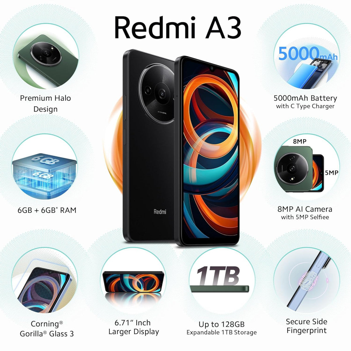 Redmi A3 Midnight Black 4GB RAM 128GB Storage  Premium Halo Design  90Hz Display  Powerful 4G G36 Processor