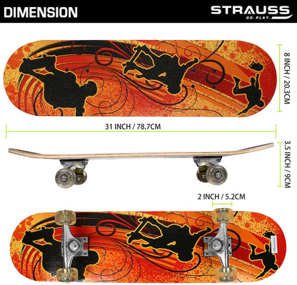 Strauss Bronx YB Lightweight Skateboard, 31x8", 8-layer maple deck, non-slip grip, 2" PU wheels, smooth ride, for ages 8+.