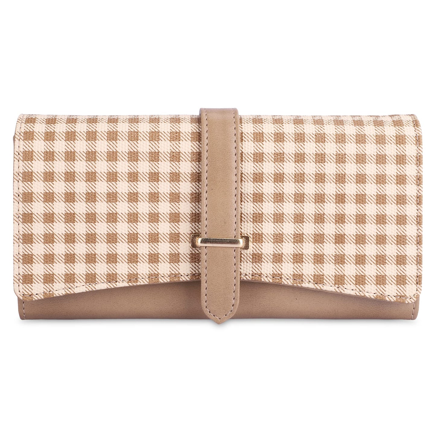 THE CLOWNFISH Dhanvi Collection PVC Checks Design Snap Flap Closure Womens Wallet Clutch Ladies Purse with Multiple Card Holders Light Brown