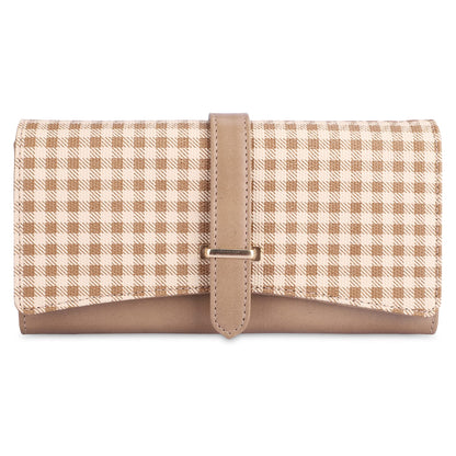 THE CLOWNFISH Dhanvi Collection PVC Checks Design Snap Flap Closure Womens Wallet Clutch Ladies Purse with Multiple Card Holders Light Brown