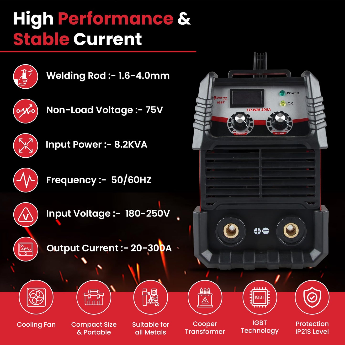 Cheston Ultra 300A Inverter Arc Welding Machine MMA LED Display Hot Start Welder with Mask & Rods for Steel, Iron, Aluminium, Copper, Metals.