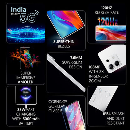 Redmi Note 13 5G Arctic White 8GB RAM 256GB Storage  5G Ready  120Hz Bezel-less AMOLED  7.mm Slimmest Note Ever  108MP Pro-grade Camera