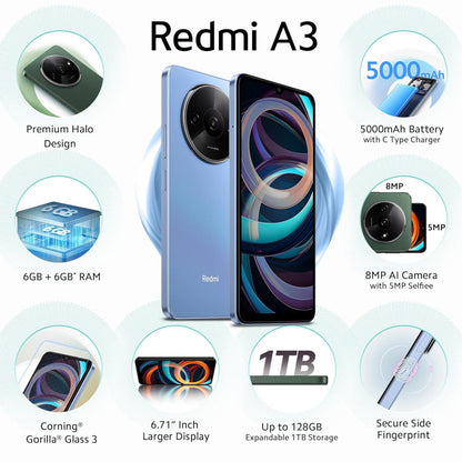 Redmi A3 Lake Blue 6GB RAM 128GB Storage  Premium Halo Design  90Hz Display  Powerful 4G G36 Processor