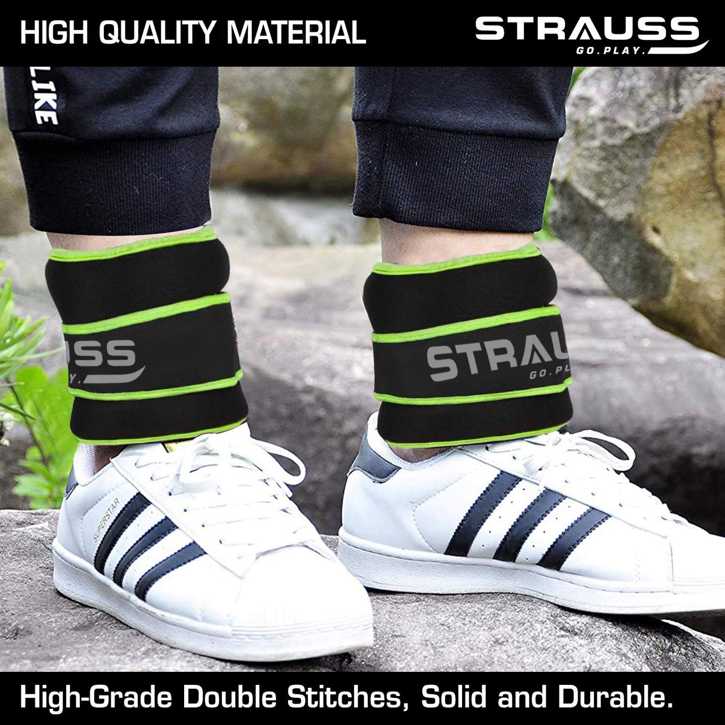 Strauss Adjustable Ankle/Wrist Weights 0.5 KG x 2 for Walking, Running, Jogging, Cycling, Gym, Strength Training. Easy to Use. Green.