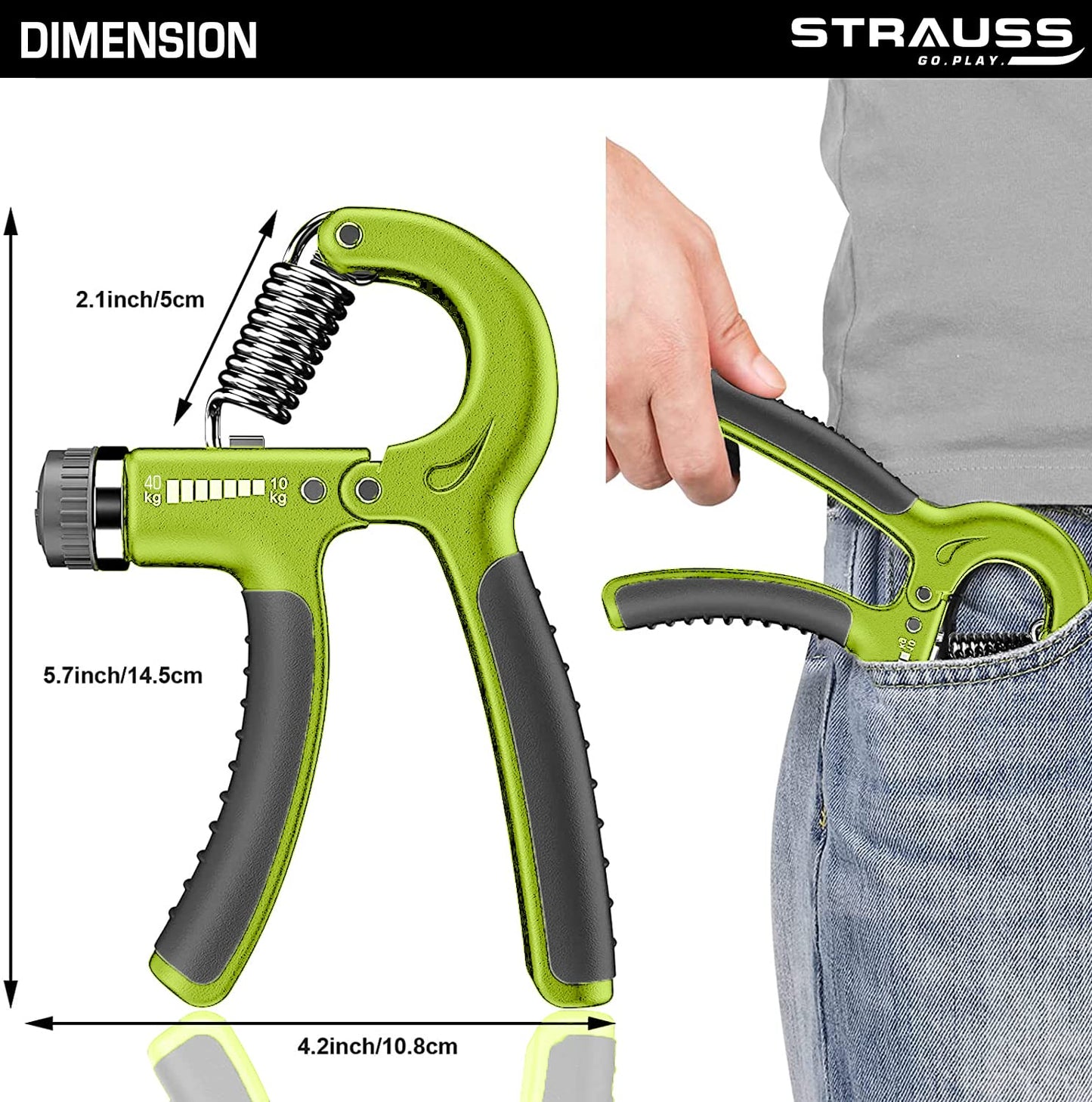 Strauss Adjustable Hand Grip 10KG-40KG for Home Gym Workouts, Perfect for Finger, Forearm, Hand Exercises, Strength Building for Men & Women.