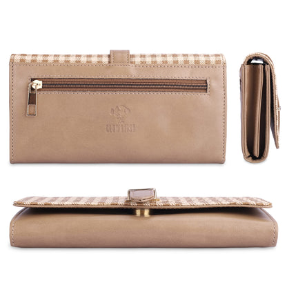 THE CLOWNFISH Dhanvi Collection PVC Checks Design Snap Flap Closure Womens Wallet Clutch Ladies Purse with Multiple Card Holders Light Brown