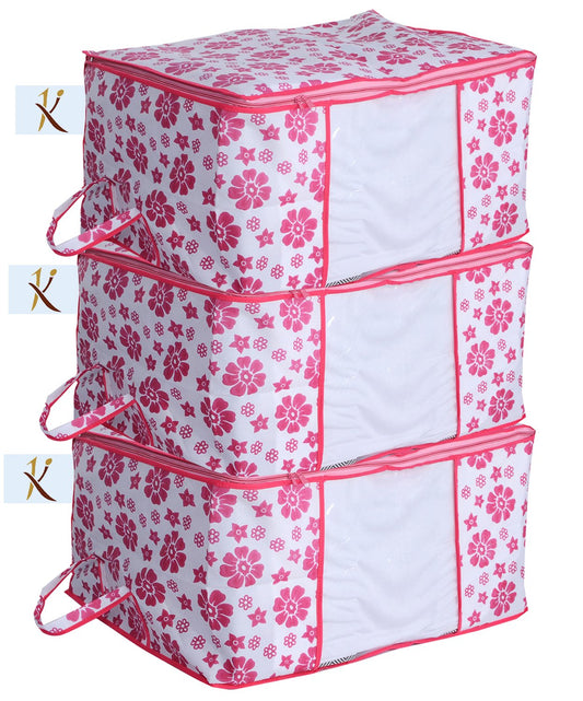 Kuber Industries 3 Piece Non Woven Under Bed Storage Organiser Set Pink Standard UNDERPinkf02