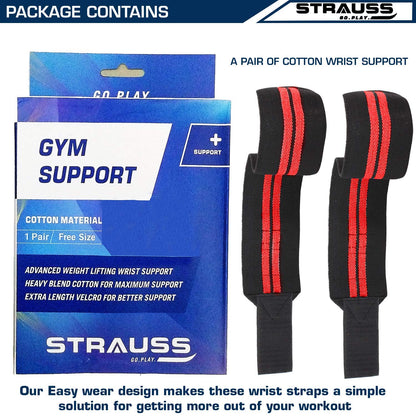 STRAUSS WL Cotton Wrist Supporter with Thumb Loop, Adjustable, Breathable, Powerful Velcro, Soft Material, Black/Red for Gym Workouts & Strength Training.