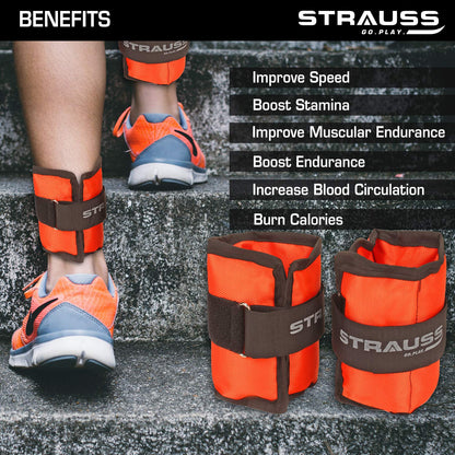 Strauss Adjustable Ankle/Wrist Weights 0.5 KG x 2, ideal for walking, running, jogging, cycling, gym, strength training. Easy to use. Orange.