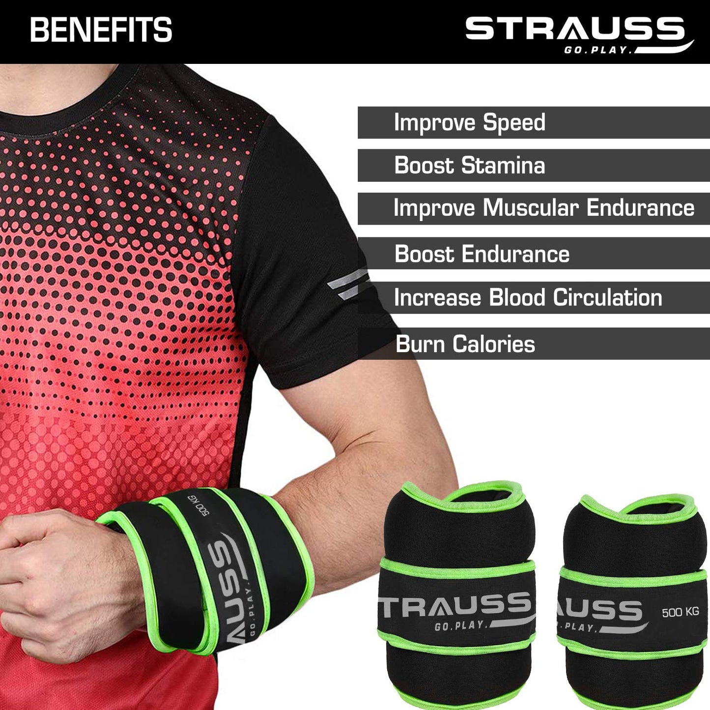 Strauss Adjustable Ankle/Wrist Weights 0.5 KG x 2 for Walking, Running, Jogging, Cycling, Gym, Strength Training. Easy to Use. Green.