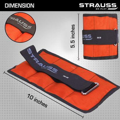 Strauss Adjustable Ankle/Wrist Weights 0.5 KG x 2, ideal for walking, running, jogging, cycling, gym, strength training. Easy to use. Orange.