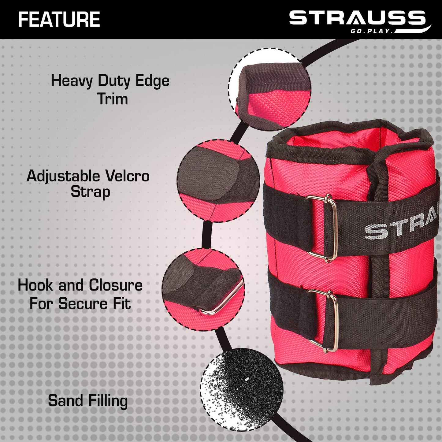 Strauss Adjustable Ankle/Wrist Weights 1.5KG x2 for Walking, Running, Jogging, Cycling, Gym, Strength Training. Easy to use. Pink.