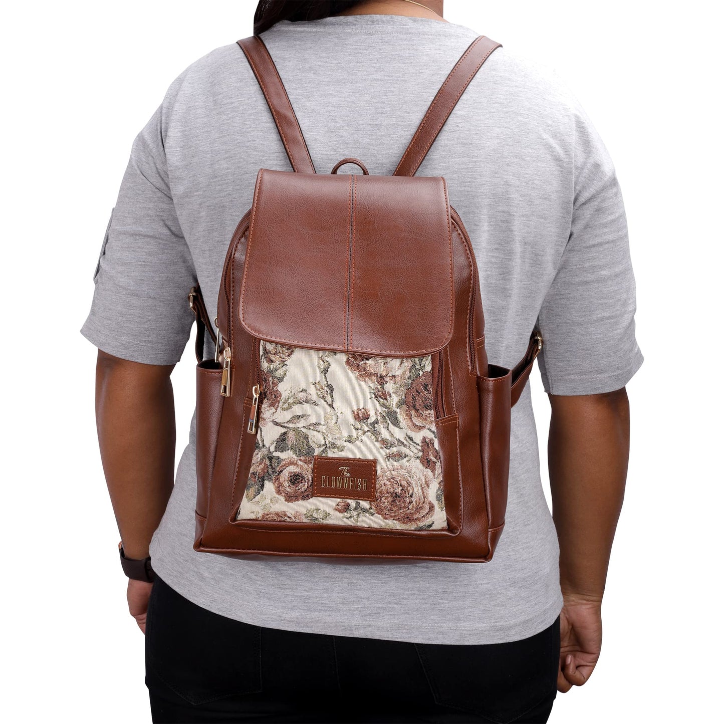 The Clownfish Medium Size Minerva Faux Leather  Tapestry WomenS Backpack College School Bag Casual Travel Backpack For Ladies Girls Brown- Floral