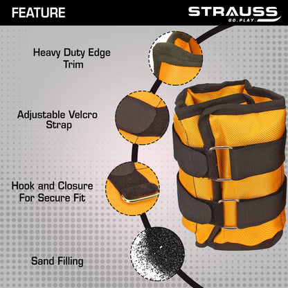 Strauss Adjustable Ankle/Wrist Weights 2KG each, ideal for walking, running, jogging, cycling, gym workout, strength training. Easy to use. Yellow.