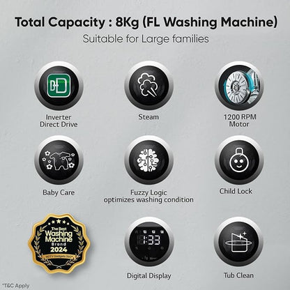 LG 8Kg 5 Star AI Direct Drive Front Load Washing Machine, Steam, 6 Motion DD, Allergy Care, Middle Black