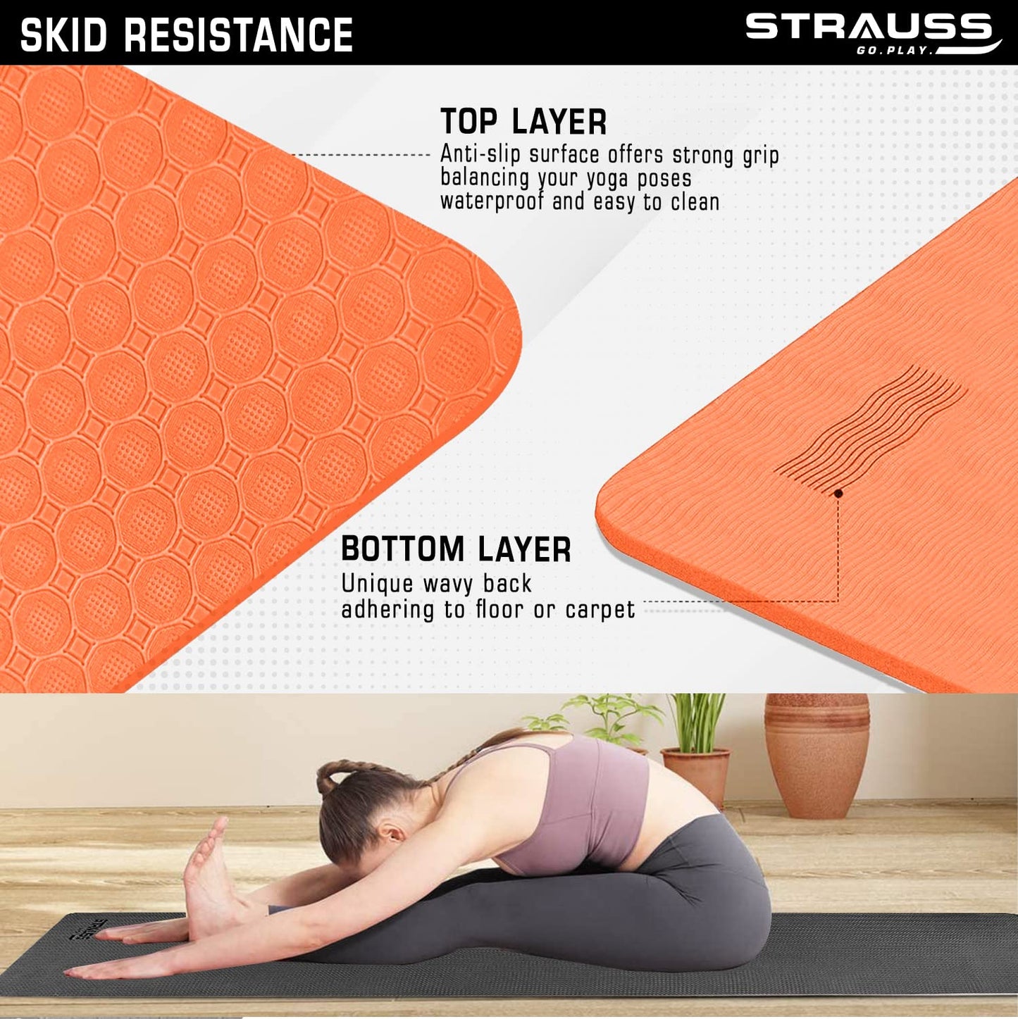 Strauss TPE Yoga Mat 6MM, Anti-Slip, with Carry Strap for Home Workout, Gym, Yoga. Suitable for Men, Women, Kids. Orange.