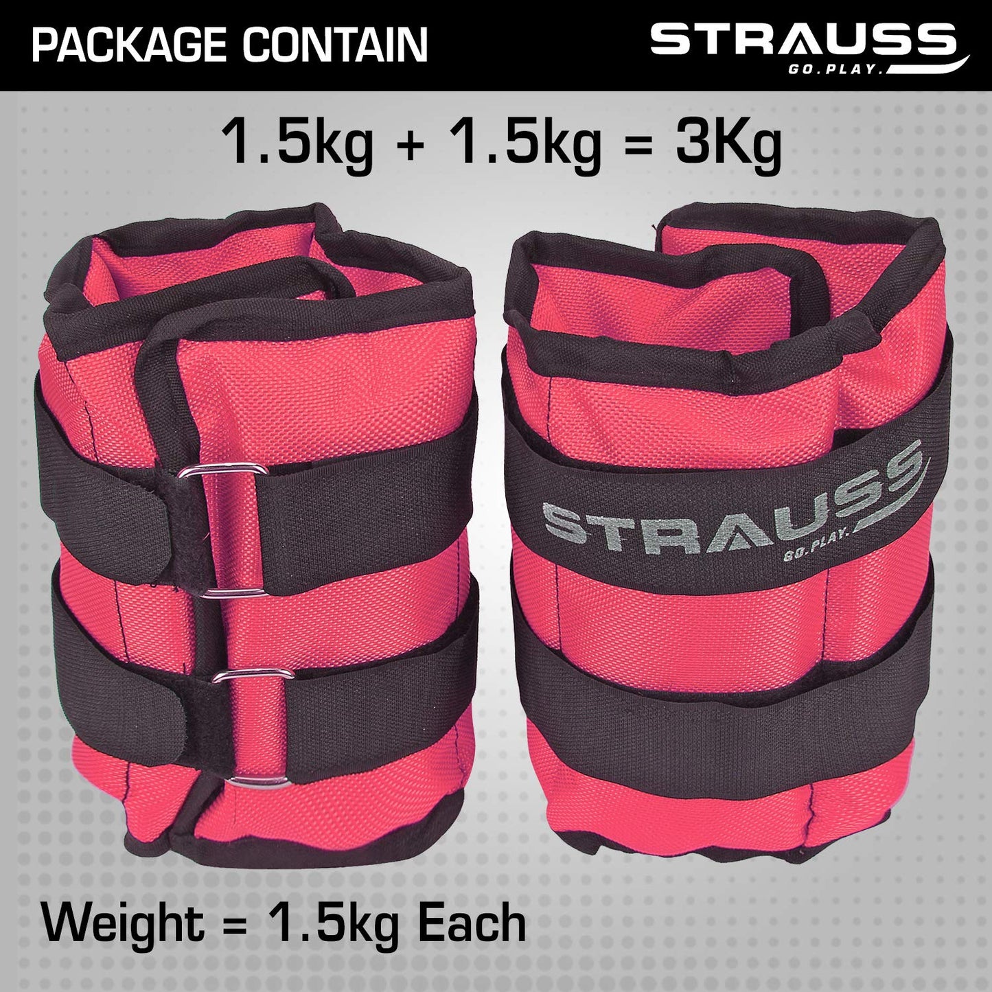 Strauss Adjustable Ankle/Wrist Weights 1.5KG x2 for Walking, Running, Jogging, Cycling, Gym, Strength Training. Easy to use. Pink.