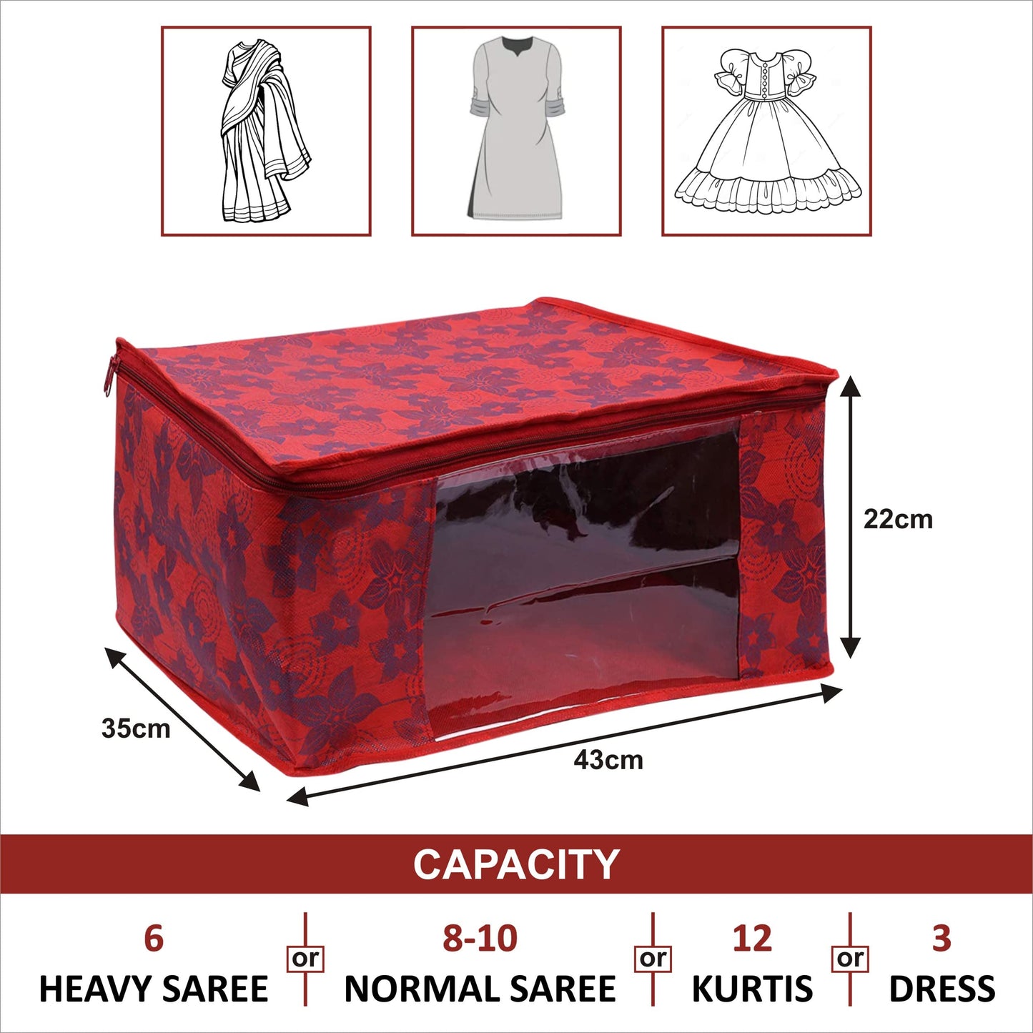 Kuber Industries Saree Covers With ZipSaree Covers For StorageSaree Packing Covers For WeddingPack of 6 Red