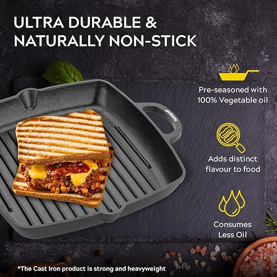 Homepuff Pre-Seasoned Non-Stick Cast Iron Grill Pan with Handle Non-Toxic Sandwich MakerBarbequeLoha Tandoor for Healthy Cooking