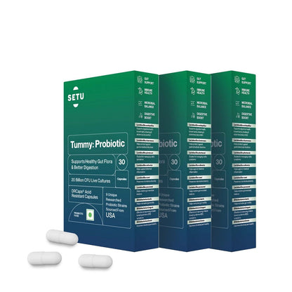 Setu Tummy Probiotic - 30 Capsules, 9 strains, 20 Billion CFUs, Lactobacillus, Bifidobacterium, Better Immunity, Gut Health, Reduced Gas.