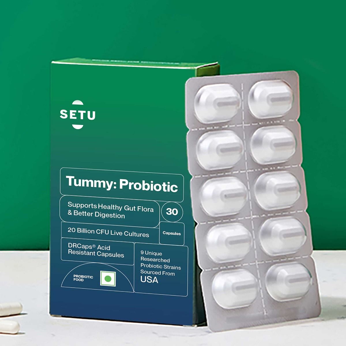 Setu Tummy Probiotic - 30 Capsules, 9 strains, 20 Billion CFUs, Lactobacillus, Bifidobacterium, Better Immunity, Gut Health, Reduced Gas.