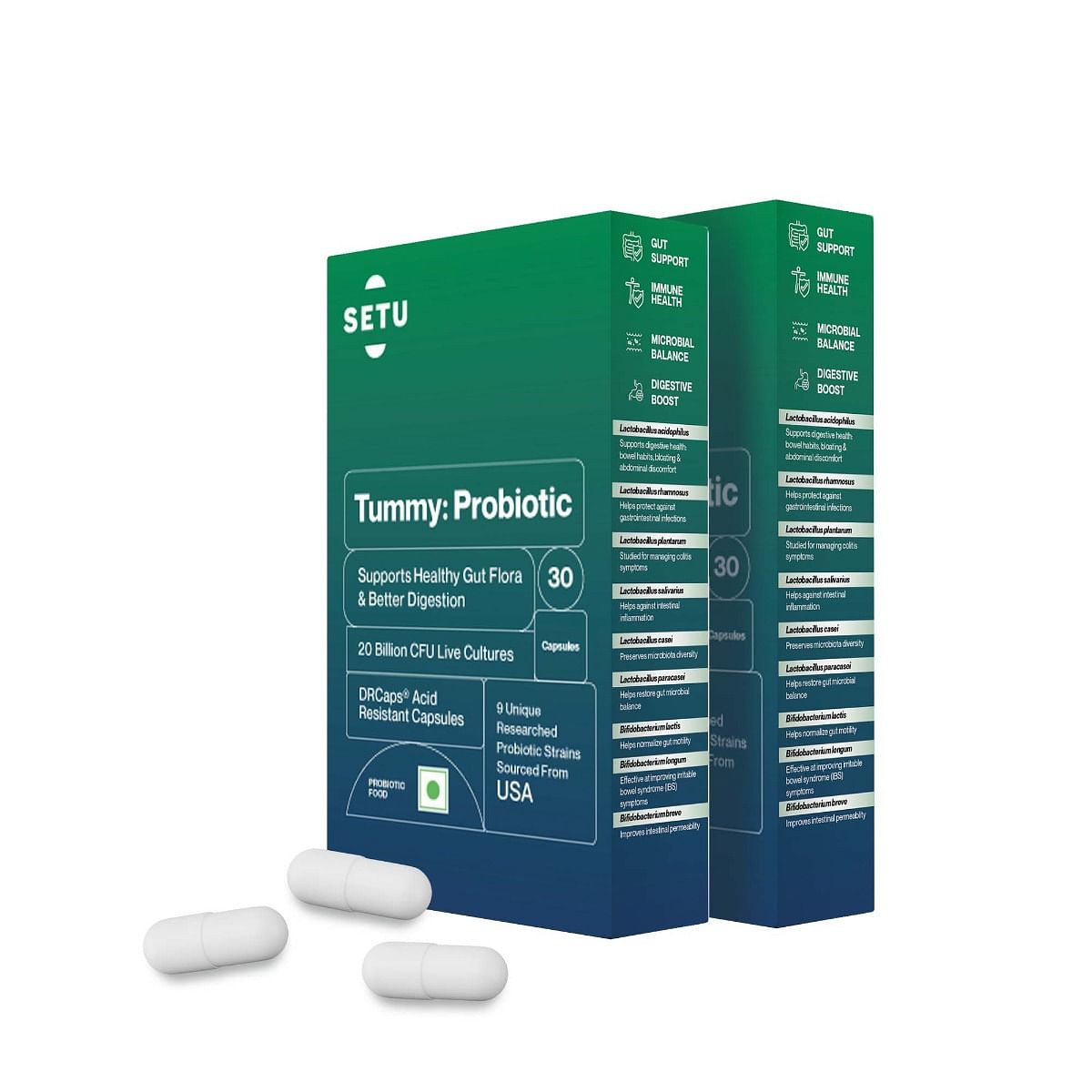 Setu Tummy Probiotic - 30 Capsules, 9 strains, 20 Billion CFUs, Lactobacillus, Bifidobacterium, Better Immunity, Gut Health, Reduced Gas.