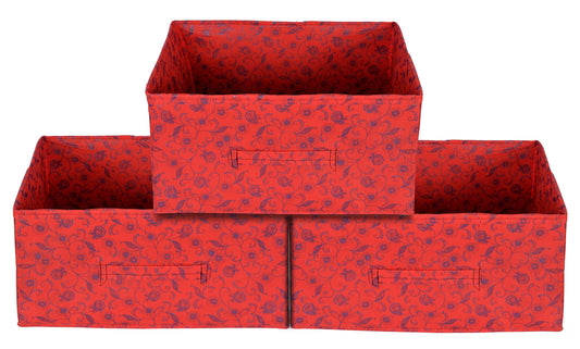 Kuber Industries Metalic Floral Print Non Woven Fabric 3-Drawer Storage and Cloth Organizer Unit for Closet Red-KUBMART1184