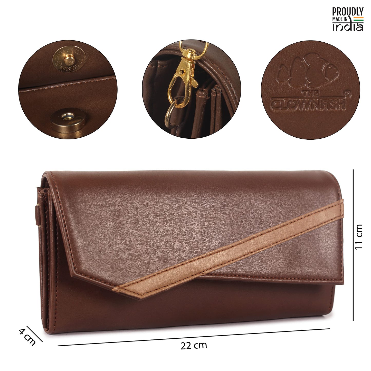 THE CLOWNFISH Ivana Series Womens Wallet Clutch Ladies Purse Sling Bag with multiple card slots Brown