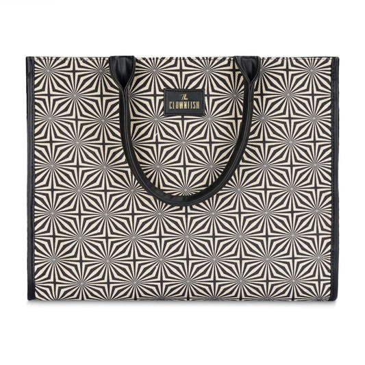 THE CLOWNFISH Opulence Series Multipurpose Handbag For Women Box Bag 14 inch Laptop Bag Tote Printed Handicraft Fabric  Faux Leather Bag Black-Geometric Design