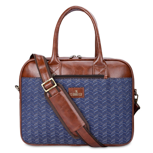 THE CLOWNFISH Deborah series 15.6 inch Laptop Bag For Women Tapestry Fabric  Faux Leather Office Bag Briefcase Messenger Sling Handbag Business Bag Blue-Stripes