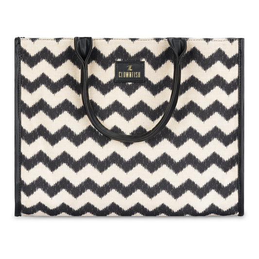 THE CLOWNFISH Opulence Series Multipurpose Handbag For Women Box Bag 14 inch Laptop Bag Tote Printed Handicraft Fabric  Faux Leather Bag Black-Wave Design