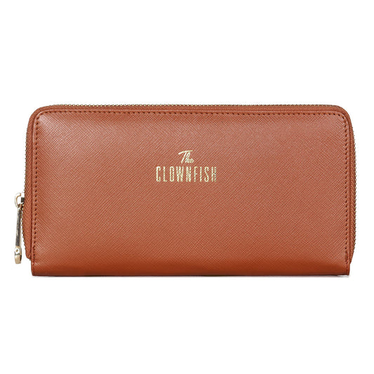 The Clownfish Monalisa Collection Genuine Leather Womens Wallet Clutch Ladies Purse with Multiple Card Slots  Metal Zip Around Closure Tan
