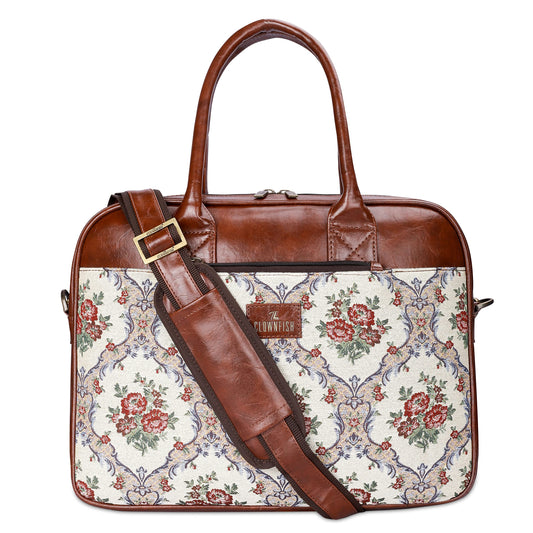 THE CLOWNFISH Deborah series 15.6 inch Laptop Bag For Women Tapestry Fabric  Faux Leather Office Bag Briefcase Messenger Sling Handbag Business Bag Magenta-Floral