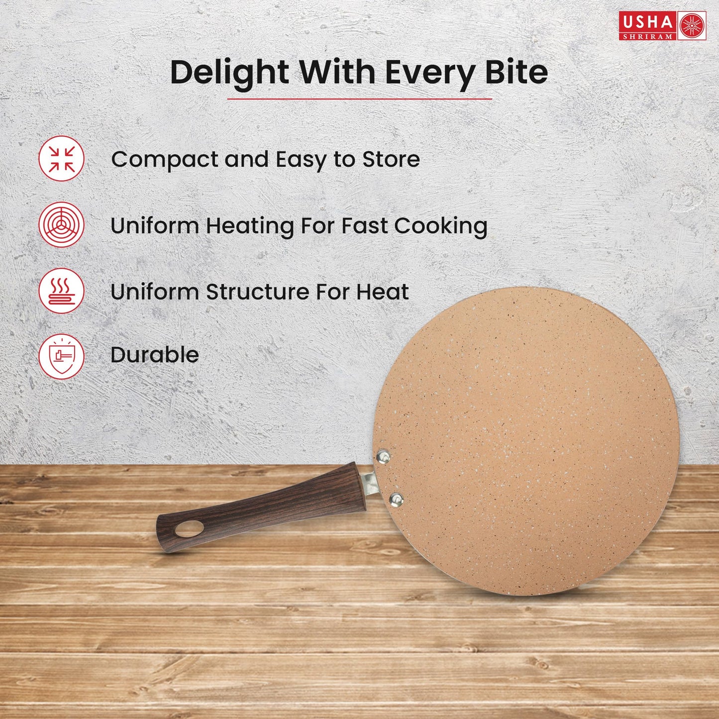 USHA SHRIRAM Non Stick Roti Tawa, 26 cm, High Grade Aluminium, Scratch Resistant, Riveted Handle, Gold.