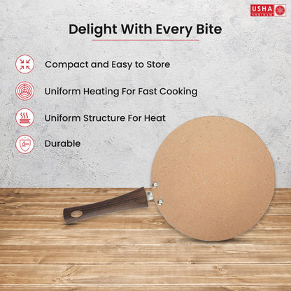 USHA SHRIRAM Non Stick Roti Tawa, 26 cm, High Grade Aluminium, Scratch Resistant, Riveted Handle, Gold.