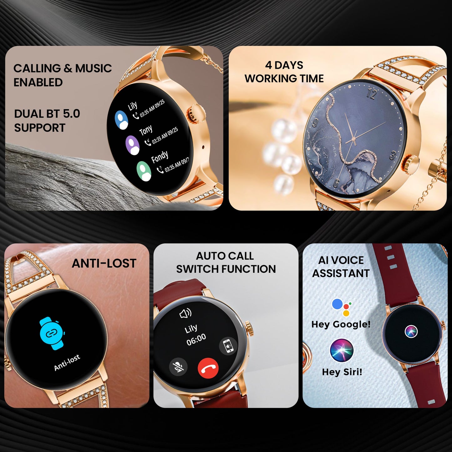 GIZMORE DAZZLE 1.10 Inch AMOLED Always-On Curved Display 1000 NITS  Female Cycle Tracker Multi Sports Mode  Bluetooth Calling Smartwatch for Women with Bracelet  Free Silicon Strap Rose Gold