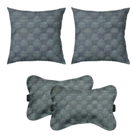 Lushomes Car Cushion Pillows Pack of 4: 2 Bone Neck Rests (6x10") & 2 Cushions (12x12"), Embossed Leatherlike Fabric, 100% Polyester, Grey.