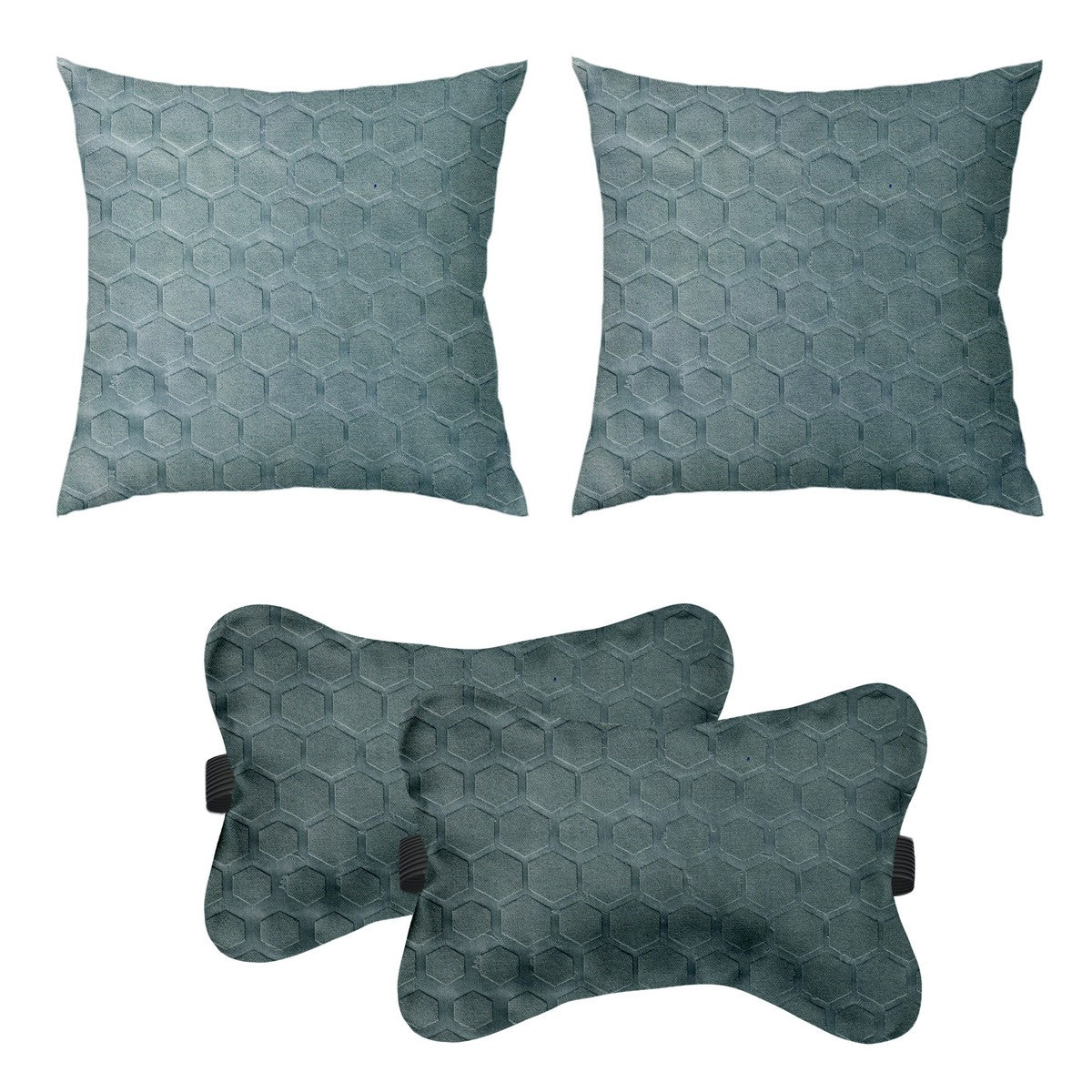 Lushomes Car Cushion Pillows Pack of 4: 2 Bone Neck Rests (6x10") & 2 Car Cushions (12x12"), Grey, Embossed Leatherlike Fabric, 100% Polyester.