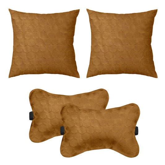 Lushomes Car Cushion Pillows Pack of 4: 2 Bone Neck Rests (6x10") & 2 Car Cushions (12x12"), Embossed Leatherlike Fabric, 100% Polyester, Beige.