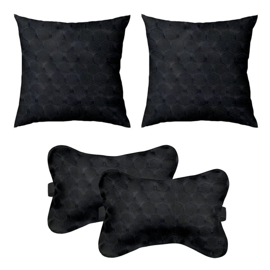 Lushomes Car Cushion Pillows Pack of 4: 2 Bone Neck Rests (6x10") & 2 Car Cushions (12x12"), Embossed Leatherlike Fabric, 100% Polyester, Black.