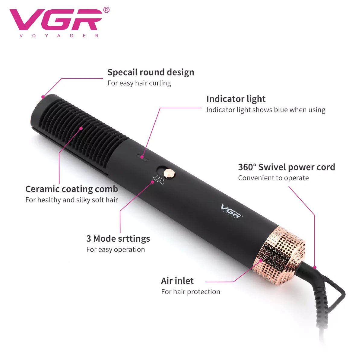 VGR V-490 Hot Air Brush For Women Black