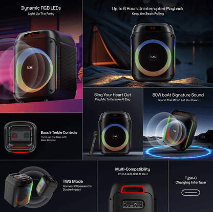 boAt Party Pal 220  Bluetooth Speaker with 80W boAt Signature Sound  RGB LED Lights TWS Mode for 2X Impact